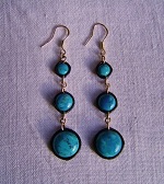 Boucles d’oreilles trois pierres en v&eacute;ritables turquoises bleues  et argent 925